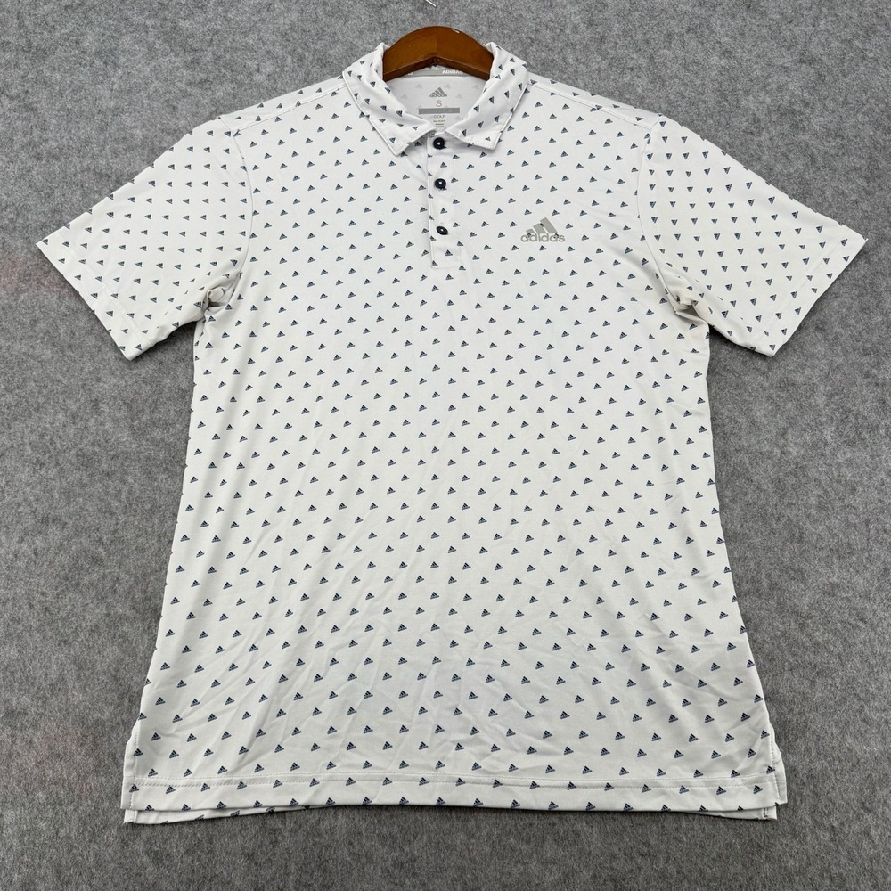 Adidas Golf Mens Small White Navy Blue Mini Logo Print Performance Polo Shirt